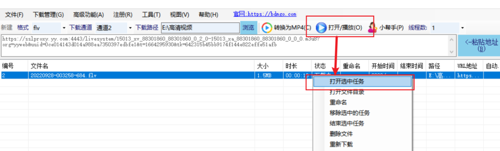 功能3:播放下载列表中选中的任务操作截图