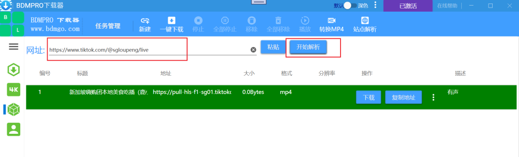 打开BDMPro 站点解析功能,然后解析复制的地址操作截图